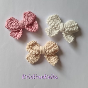 3 Crochet bows,bow embellishments,Scrapbook,card making,sewing,bow motifs,bow appliques,pink bow,cream bow,white bow