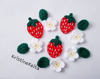 Crochet Strawberry Appliques, Flower and Leaf Embellishments