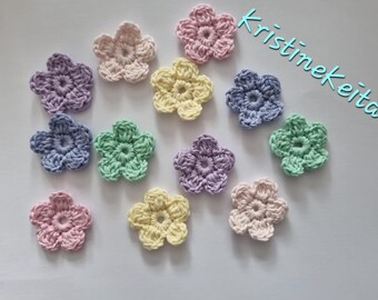 Crochet Flower Appliques, Pastel Cotton Flowers, Embellishments (Set of 12)
