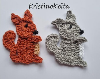 Crochet woodland animal applique,crochet squirrel motif,squirrel applique,knitting,cotton applique,card making,cotton squirrel applique