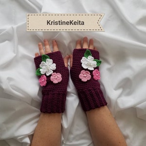 Crochet fingerless mittens,gloves,arm warmers,womens,gift,maroon fingerless mittens,white,pink flower mittens.