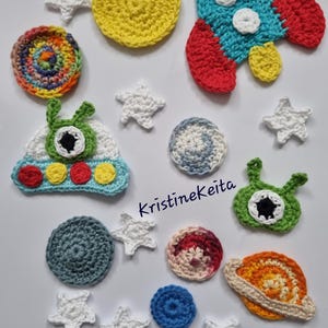 Crochet appliques,crochet space appliques,rocket motif,embellishment,sewing,knitting,cotton applique,card making,alien motif,set of 18
