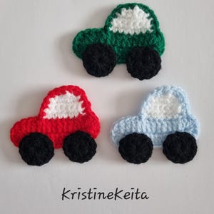 3 Crochet car appliques,acrylic car motifs,pale blue,green,red car,embellishment,sewing,knitting,craft supplies