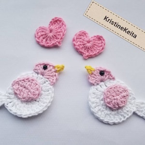 Appliques d’oiseaux au crochet, appliques d’oiseaux roses, motifs de cœur, couture, tricot, fabrication de cartes, oiseau artisanal, oiseau de coton, ensemble de 2 oiseaux et 2 cœurs, motifs d’oiseaux