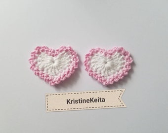 2 apliques de coração em crochê, motivos de coração, enfeites de coração, scrapbook, costura, corações brancos/rosa, confecção de cartões, apliques de coração em algodão, 4,5 cm