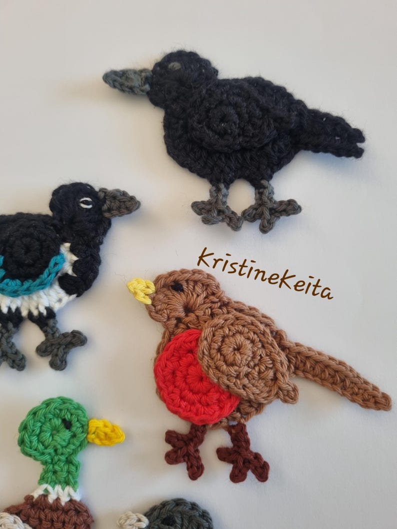 5 Crochet Bird Appliques,mallard Duck Applique,robin Motifs,tomtit ...