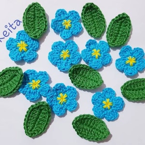 Flower appliques,8 crochet flower and 8 leaf appliques,embellishments,sewing,blue flowers,set of 16,cotton flowers,scrapbooking,card making