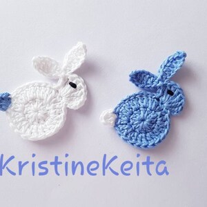 Appliques di coniglio all'uncinetto, applique di coniglio, applique di animali da fattoria, creazione di carte, cucito, scrapbooking, applique di cotone, motivo di coniglio blu, motivi pasquali