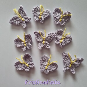 Apliques de borboletas, 9 apliques de borboletas de crochê, borboletas lilás claro, motivo de borboletas, enfeites, Scrapbook, costura, borboletas de algodão