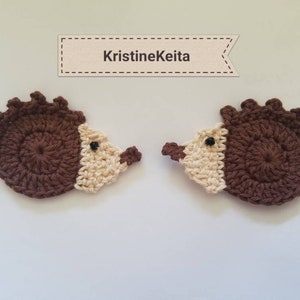 2 appliques hérisson au crochet, embellissements, scrapbooking, couture, motifs hérisson, appliques hérisson en coton, hérissons bruns, fait main, fabrication de cartes