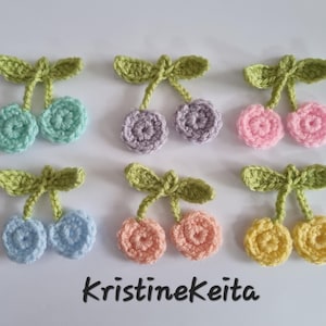 6 Crochet cherry applique,cherry motif,embellishments,sewing,knitting,pastel colour cherries