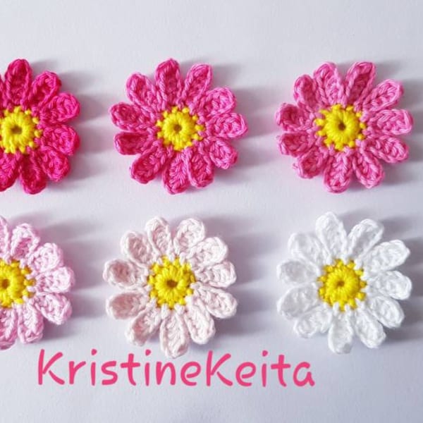 Crochet flowers,crochet cotton flowers,set of 6 flowers,pink/white flowers, flower decoration,cotton flowers,pink flower motifs, 5 cm