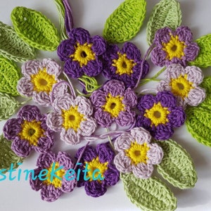 12 crochet flower and 12 leaf appliques,embellishments,sewing,lilac,green,set of 24,cotton,scrapbooking