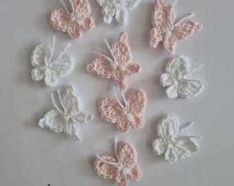 Apliques de borboletas de crochê, rosa claro e branco, enfeites de algodão, conjunto de 10