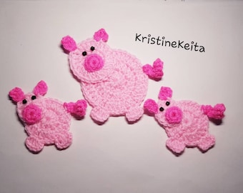 Crochet pig family appliques,embellishment,Scrapbook,pig motifs,pig appliques,piglet appliques,large pig applique,farm applique,baby blanket