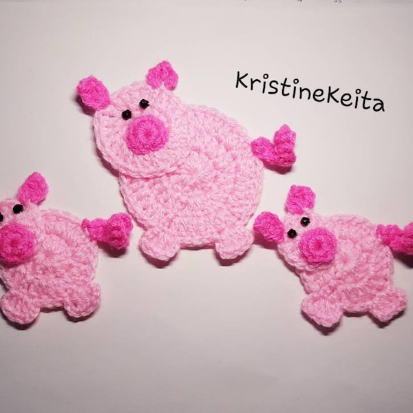 Crochet pig family appliques,embellishment,Scrapbook,pig motifs,pig appliques,piglet appliques,large pig applique,farm applique,baby blanket