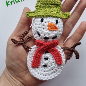 Sneeuwpopappliqué, gehaakte kerstappliqué, sneeuwpopmotief, versiering, naaien, breien, katoenappliqué, kaarten maken, plakboek, knutselen, 12,5 cm