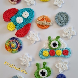 Appliques au crochet, appliqués espace au crochet, motif de fusée, embellissement, couture, tricot, appliqué en coton, fabrication de cartes, motif extraterrestre, lot de 17