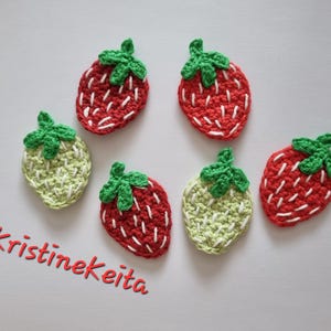 Gehäkelte Erdbeeren,Erdbeer Motive,Erdbeere Motive, rot grün Baumwolle Applikationen, Verzierungen, nähen, stricken, 6 tlg