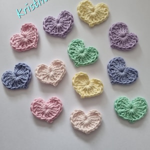 Apliques de corazón, 12 apliques de corazón de crochet, motivos de corazón, adornos, álbum de recortes, costura, corazones pastel, decoración del día de San Valentín, fabricación de tarjetas