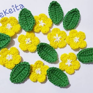 Flower appliques,8 crochet flower and 8 leaf appliques,embellishments,sewing,yellow flowers,set of 16,cotton flowers,scrapbook,card making