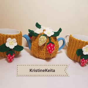 Thé à la fraise au crochet confortable et tasse cosies, ensemble de 3, thé confortable, thé à la fraise confortable, théière confortable, chauffe-théière, 2 tasses de thé confortables, cadeau pour les amateurs de thé