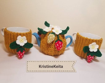 Crochet strawberry tea cosy and mug cosies,set of 3,tea cozy,strawberry tea cosy,teapot cosy,teapot warmer,2 cup tea cosy,tea lover gift