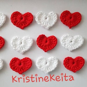 Appliques coeur, 12 appliques coeur au crochet, motifs coeurs, embellissements, scrapbooking, couture, coeurs rouges, coeurs blancs, saint valentin, fabrication de cartes