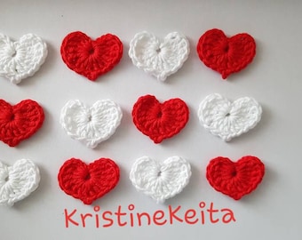 Heart appliques,12 Crochet heart appliques,heart motifs,embellishments,Scrapbook,sewing,red hearts,whitehearts,valentine's day,card making