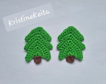 2 kerstboom appliques, gehaakte kerstboom appliques, boommotieven, versieringen, naaien, breien, katoenen appliques, kaarten maken