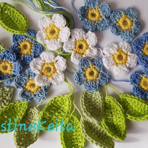 12 crochet flower and 12 leaf appliques,embellishments,sewing,blue,green,set of 24,cotton,scrapbooking