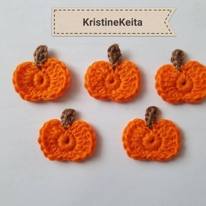 5 gehaakte pompoenapplicaties, versieringen, plakboek, naaien, kaarten maken, halloweenapplicaties, motieven, katoen, oranje, kleine pompoenen