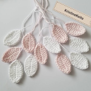 Leaf appliques,12 crochet leaf appliques,green leaves,leaf motif,embellishments,Scrapbook,sewing,cotton leaf,card making,white/pink leaves