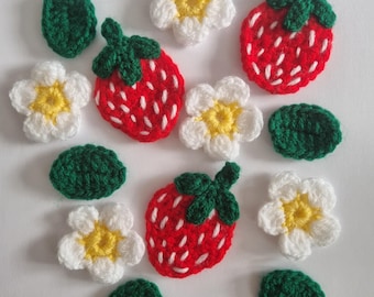 Crochet Strawberry Appliques, Flower and Leaf Embellishments