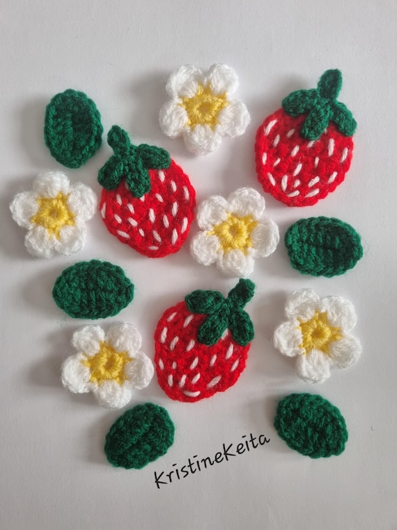 Crochet Strawberry Appliques, Flower and Leaf Embellishments