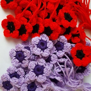 fiori, 12 applicazioni di fiori all'uncinetto, motivi floreali, abbellimenti, cucito, fiori acrilici, fiori di papavero, fiori rossi, fiori lilla
