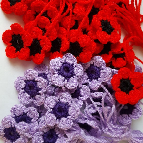 fleurs,12 appliques de fleur de crochet, motifs de fleur, embellissement, couture, fleurs acryliques, fleurs de pavot, fleurs rouges, fleurs de lilas