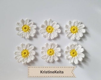 Crochet flowers,crochet daisy cotton flowers,set of 6 flowers,white flowers, flower decoration,cotton flowers,white flower motifs, 5 cm