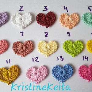 Corazones, 12 apliques de corazón de crochet, adornos, álbum de recortes, costura, suministros para hacer tarjetas, elección de colores, 14 colores, corazones de algodón