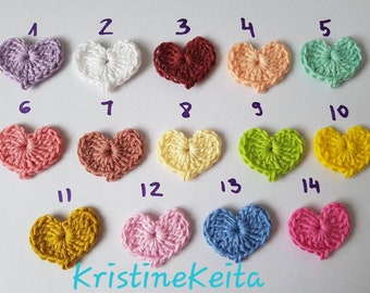 hearts,12 Crochet heart appliques,embellishments,Scrapbook,sewing,card making supplies,choice of colours,14 colours, cotton hearts,set of 12