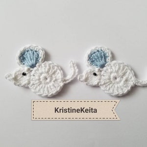 Haak muis appliques, muis motieven, kaart maken, naaien, scrapbooking, katoen appliques, haak katoen muis, set van 2 muizen, wit / blauwe muizen