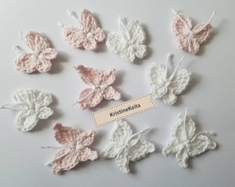 Aplikacje motyli, 10 szydełkowych aplikacji motyli, jasnoróżowe/białe motyle, motyw motyla, album ze zdjęciami, szycie, bawełniane motyle