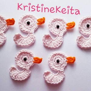 6 häkeln Ente Applikationen, Ente Verzierungen, Scrapbook, Nähen, Ente Motive, Bauernhof Tier Applikation, blass rosa Ente, gestrickte Ente Motiv, Kartenherstellung