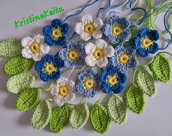 Crochet Flower Appliques, Blue White Green Leaves, Set of 24