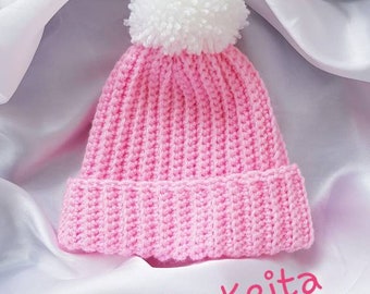 Hand crocheted baby pompom hat,winter hat,baby girl hat,pink baby hat,fits for 0-3 months old,baby shower gift,baby gift