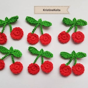 6 gehaakte kersen appliques, kersenmotieven, versieringen, naaien, breien, rode kersen, katoenen kersen appliques, kaarten maken, scrapbooking, ambacht
