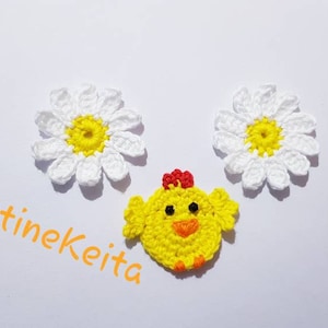 Applique de poulet au crochet, appliques de fleurs de marguerite, applique d’animal de ferme, fabrication de cartes, couture, album, applique de coton, motif de poule en coton crochet