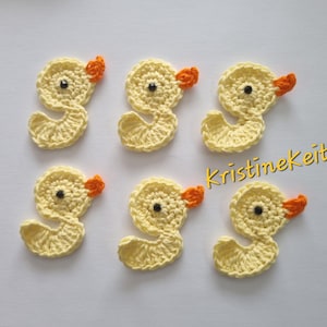 6 apliques de pato de ganchillo, adornos de pato, álbum de recortes, costura, motivos de pato, apliques de animales de granja, pato amarillo pálido, fabricación de tarjetas