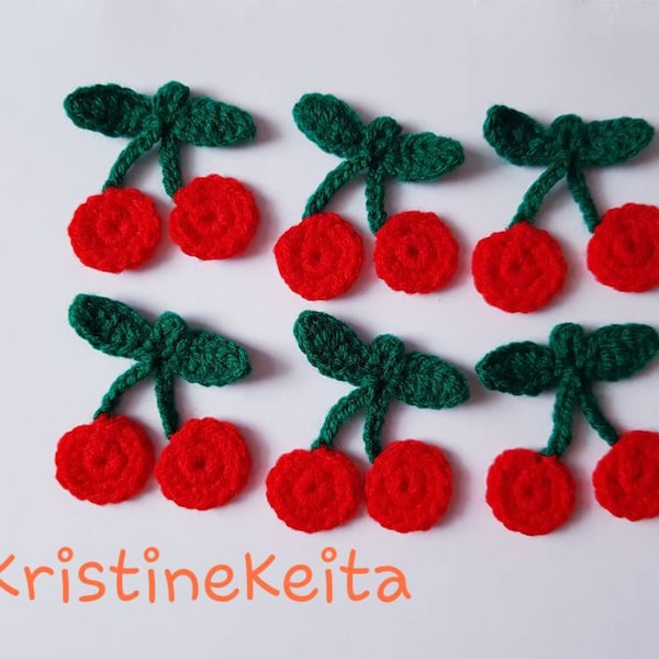 6 Crochet-Kirschen-Applique, Kirschmotiv, Verzierungen, Nähen, Stricken, rote Kirschen