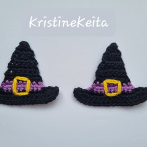 2 gehaakte halloween-applicaties, versieringen, naaiwerk, heksenhoedapplicaties, heksenhoedmotieven, halloweenversieringen, zwarte heksenhoedapplicaties
